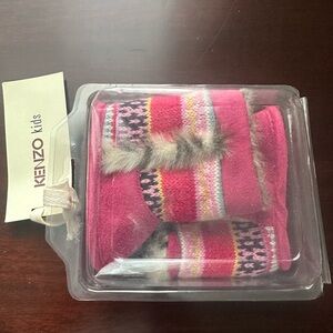 Kenzo Pink knit-striped and faux fur baby booties NWT